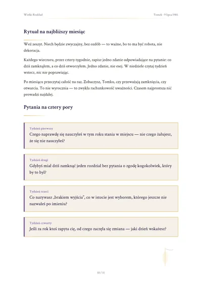 Strona z pytaniami na cztery tygodnie w przykładowym Wielkim Rozkładzie